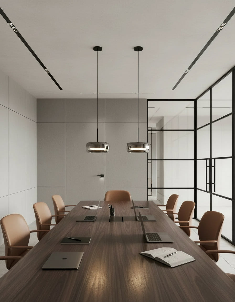 Lustre en verre fumé LED, lampe pendante moderne à hauteur réglable pour chambre ou salon.
