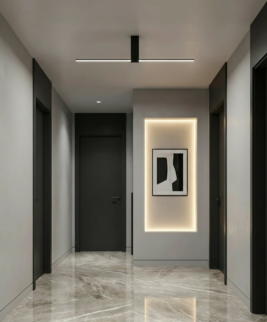 Plafonnier LED noir 90 cm, design long et fin, parfait au-dessus d’une table de salle à manger.