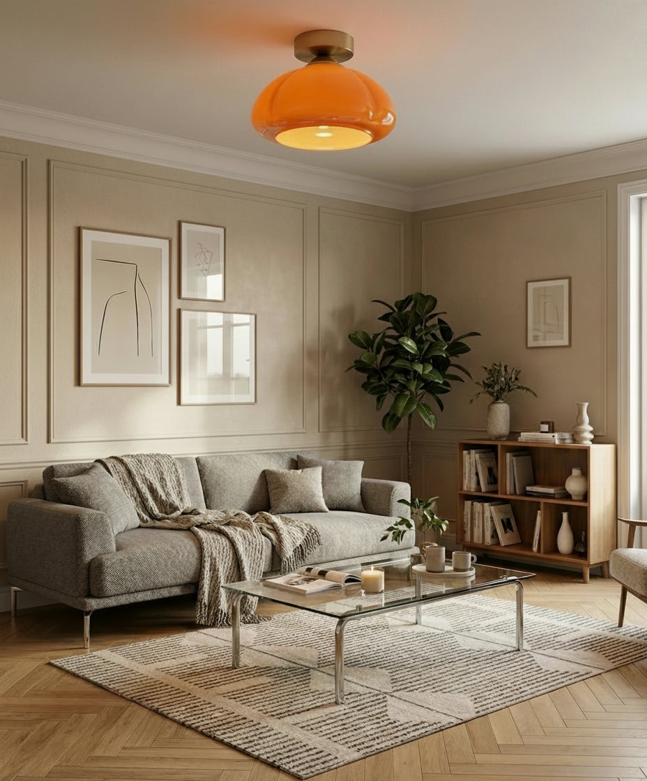 Plafonnier rond en verre translucide, éclairage d’ambiance moderne adapté aux pièces de vie.