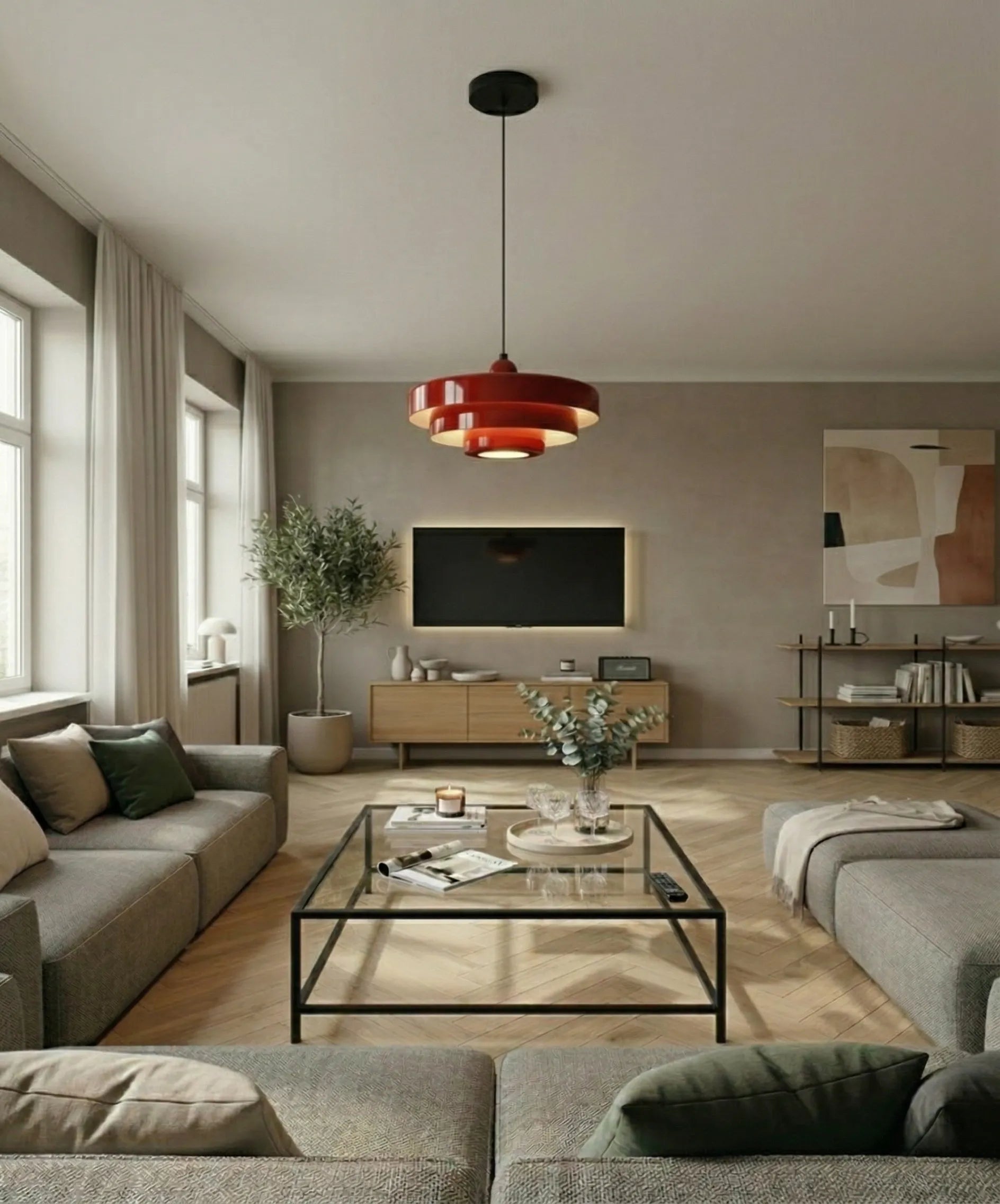 Lampe suspendue rouge brillante au design nordique contemporain, adaptée aux intérieurs modernes, bars, restaurants ou hôtels.