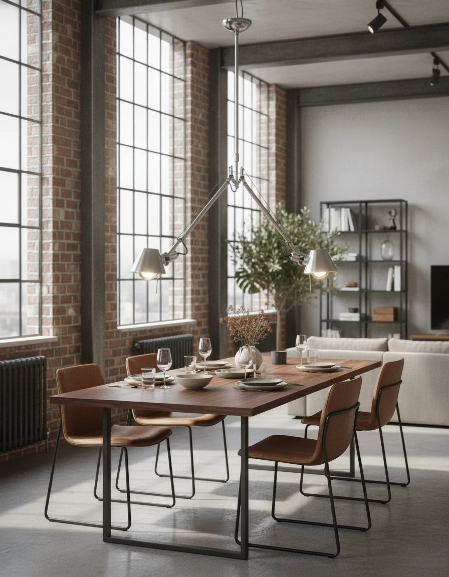 Suspension articulée argent design moderne, lampe de plafond flexible pour salle à manger, salon ou bureau créatif.