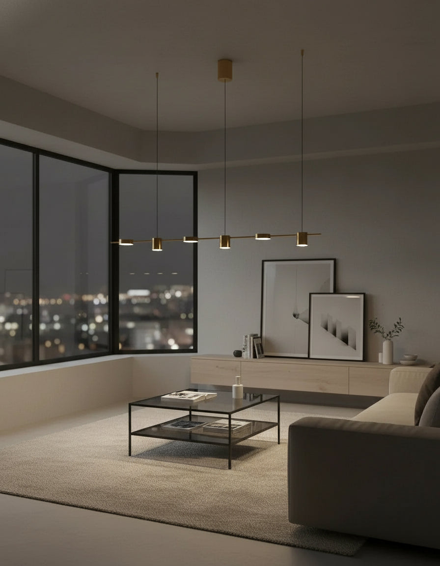 Suspension dorée LED à trois lampes, luminaire décoratif pour cuisine, salon ou bar.