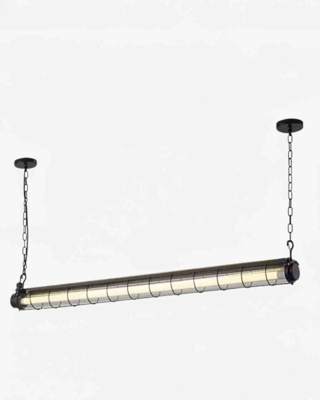 Suspension industrielle longue en métal noir avec LED, idéale pour bar, restaurant ou cuisine.