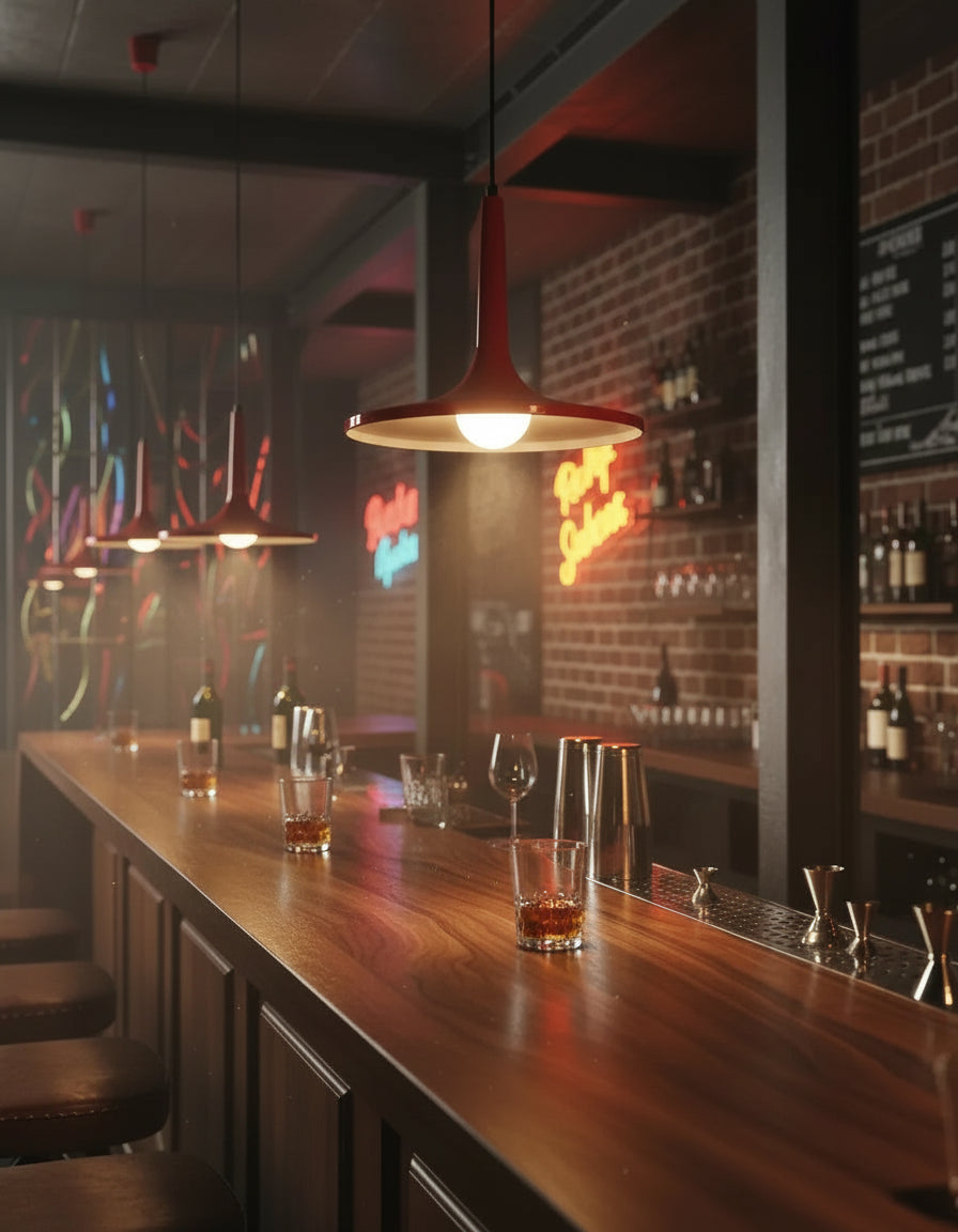 Suspension industrielle rouge en métal avec lumière chaude, luminaire parfait pour bar et espace contemporain.