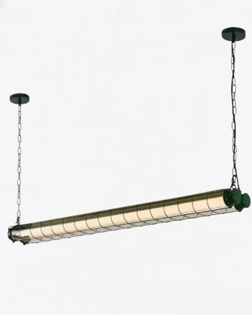 Suspension LED en tube noir à design rectangulaire, luminaire décoratif idéal pour cuisine moderne.

