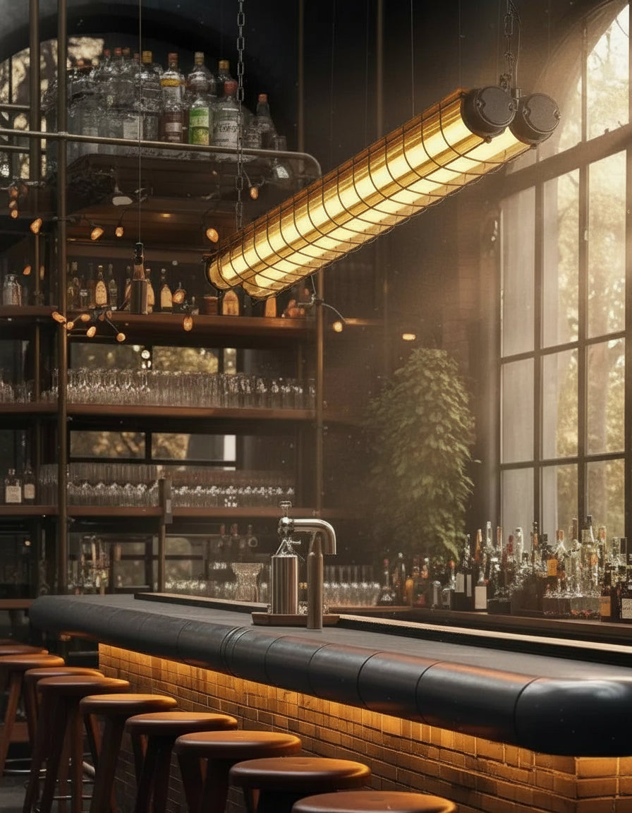 Suspension longue en métal noir LED, style industriel moderne pour salle à manger ou salon.