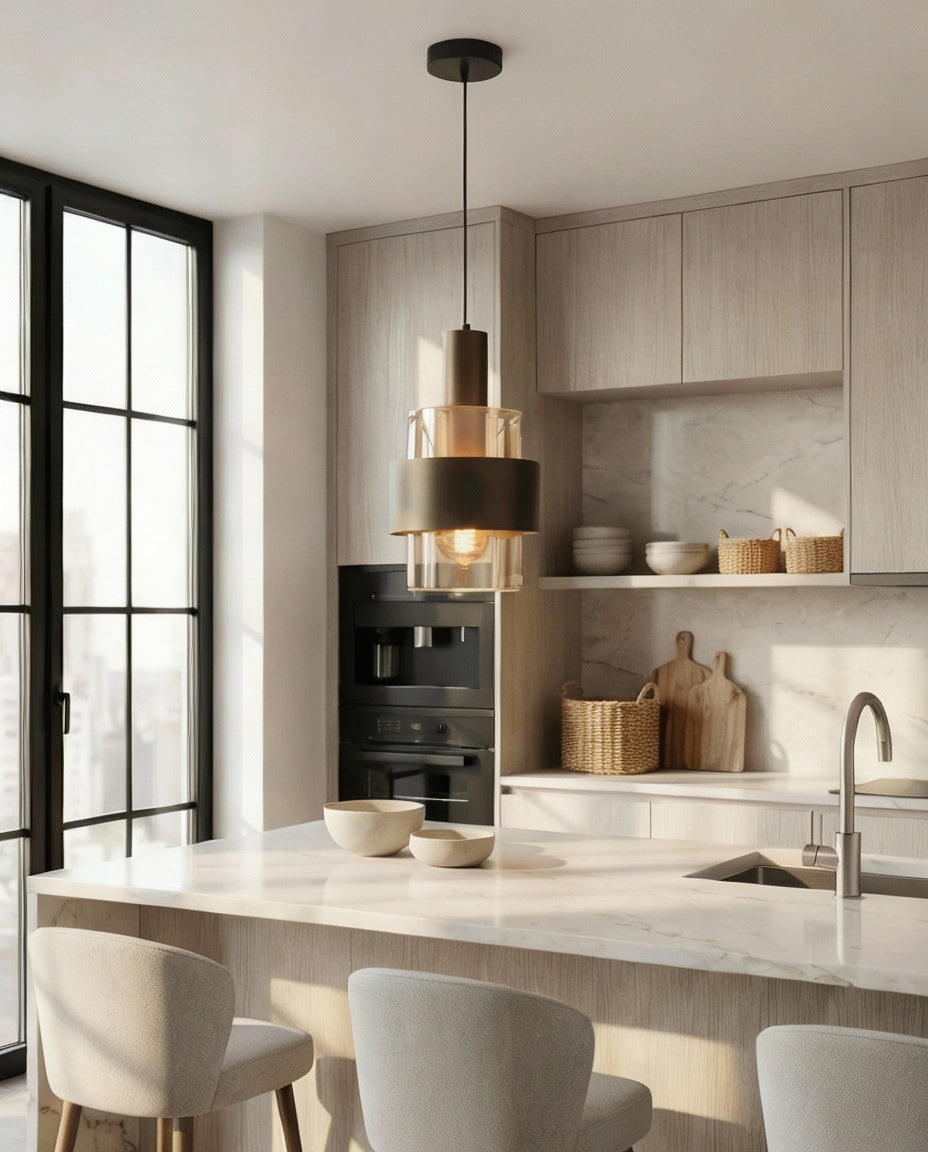 Suspension moderne en verre ambré offrant un éclairage chaleureux, parfaite dans un salon design avec canapé gris et déco new-yorkaise.