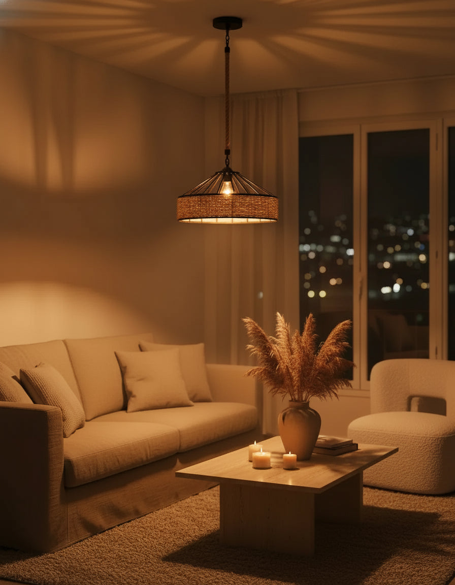 Suspension en osier naturel, lustre design bohème idéal pour moderniser une pièce de vie.