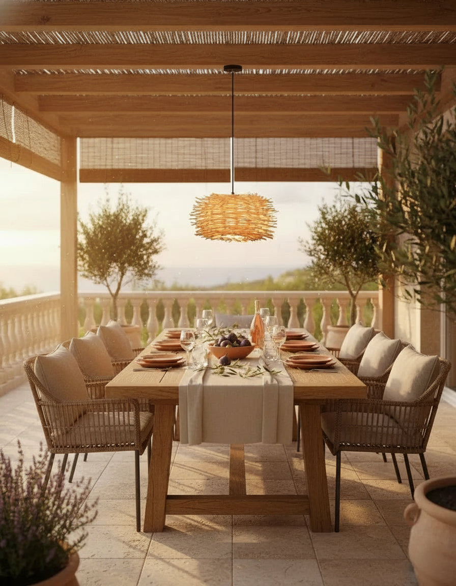 Suspension en osier tressé, luminaire de plafond décoratif pour atmosphère chaleureuse et naturelle.