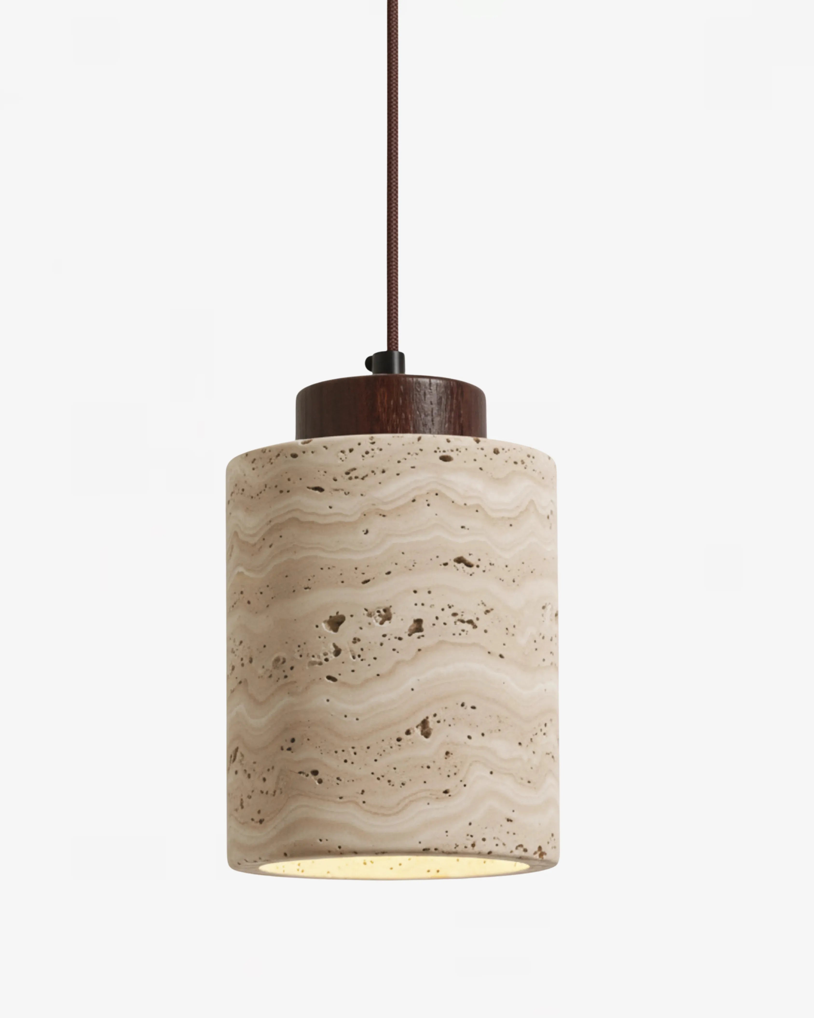 Suspension en pierre wabi-sabi cylindrique naturelle LED, éclairage doux pour chevet de chambre ou salon.