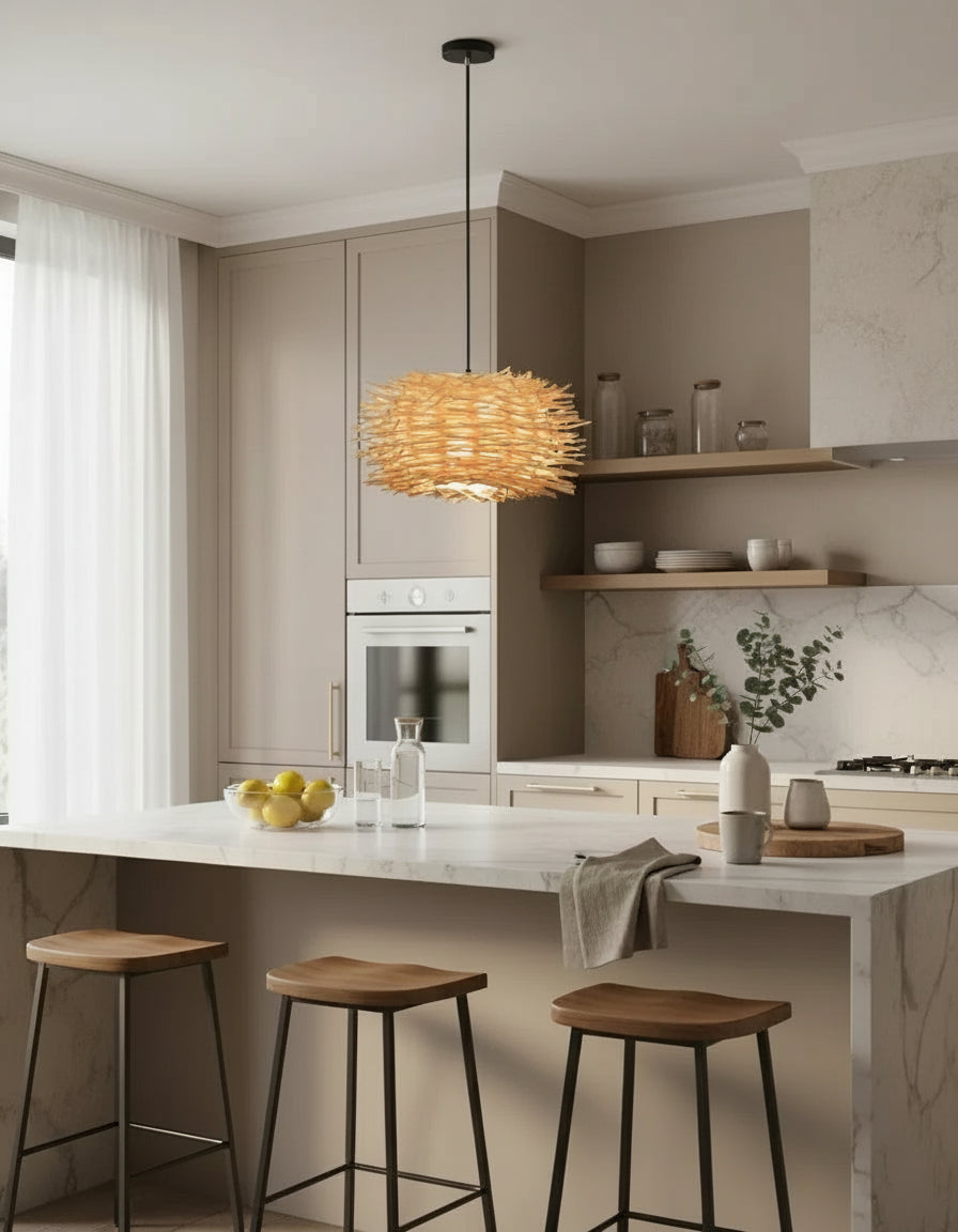 Suspension design en rotin, lustre naturel pour éclairage intérieur contemporain et chaleureux.