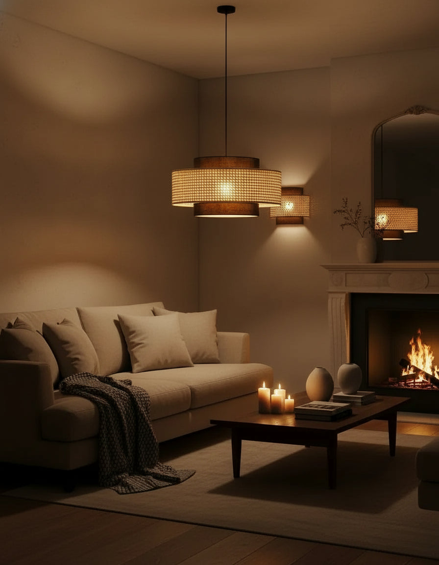 Suspension rotin noir avec LED, luminaire chaleureux de 50 cm pour décoration intérieure moderne.