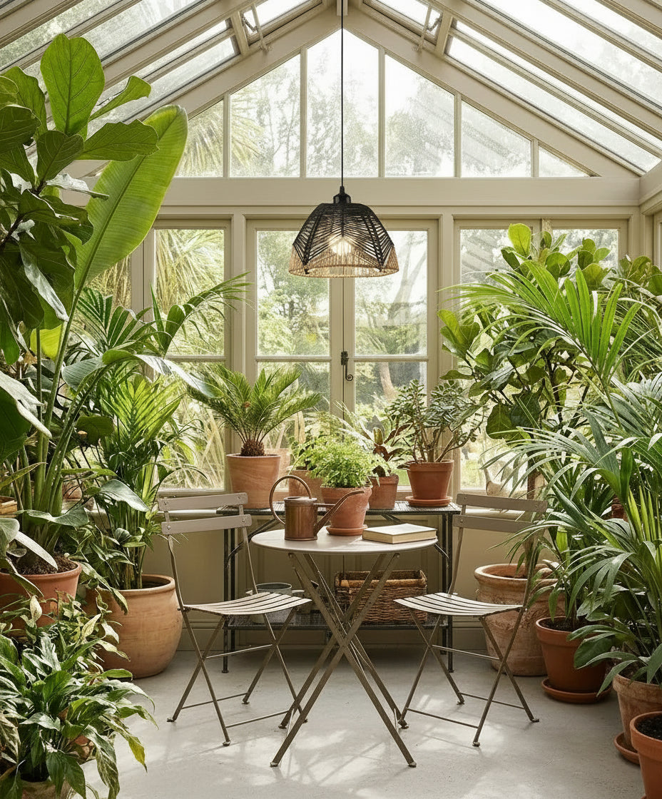 Suspension abat-jour en rotin tissé noir, éclairage LED pour chambre ou couloir, ambiance chaleureuse vintage.