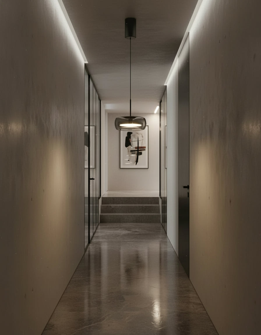 Suspension en verre fumé LED moderne 20 cm, lampe pendante réglable idéale pour salon ou salle à manger.