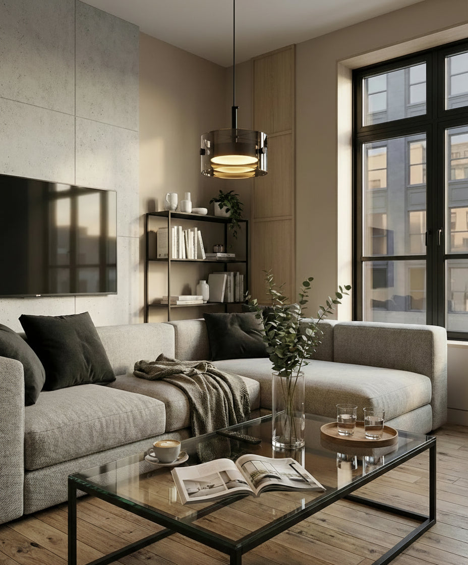 Suspension en verre noir au style New York, idéale pour un salon moderne avec canapé gris et décoration minimaliste.