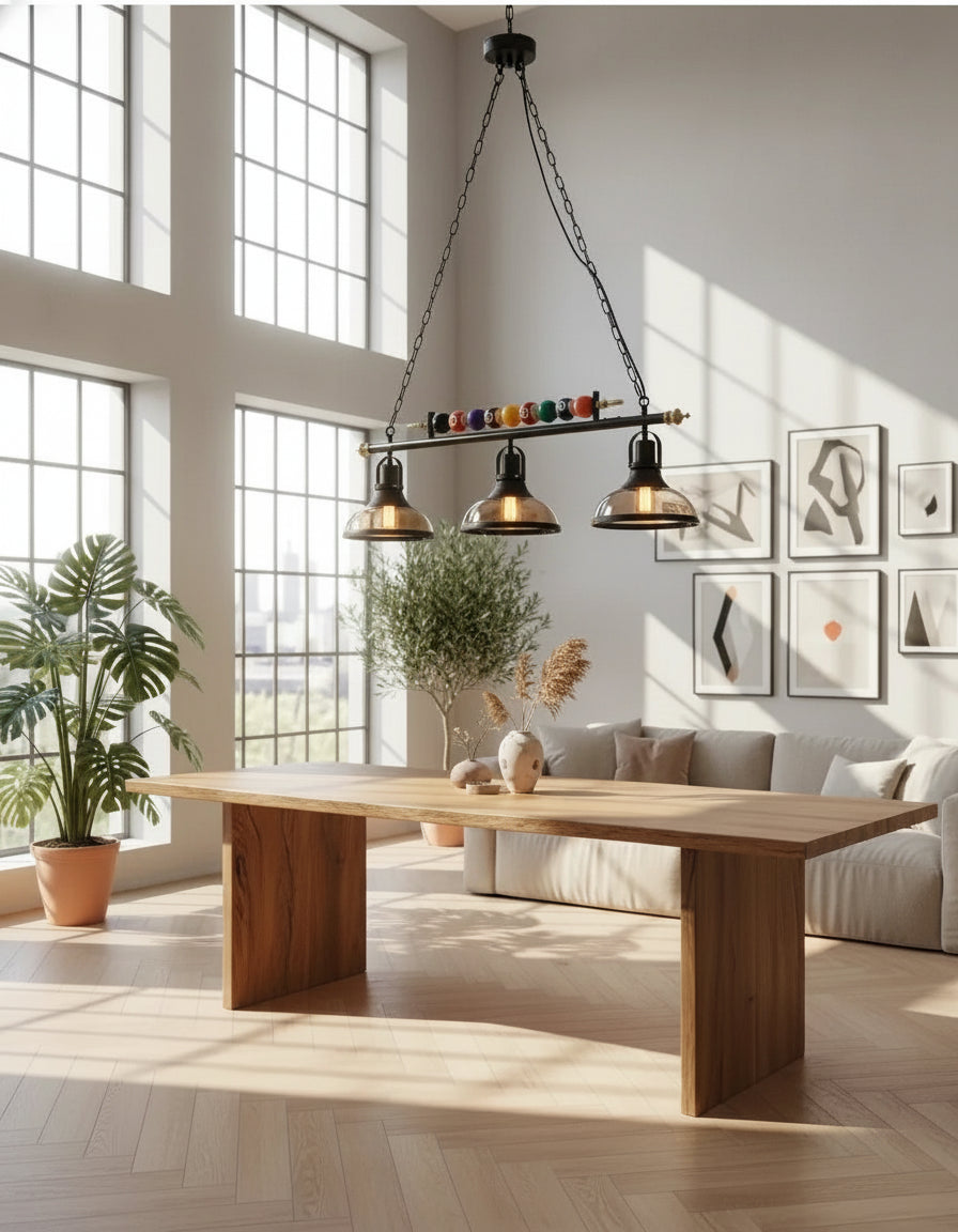 Suspension vintage industrielle avec trois lampes plafond en verre, idéale pour décoration café, cuisine ou salon.